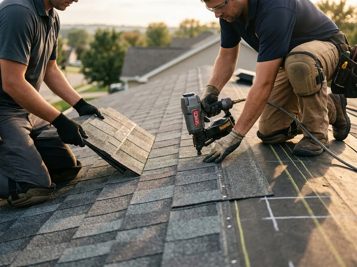 Professional roofer working on a residential roof in Ontwa